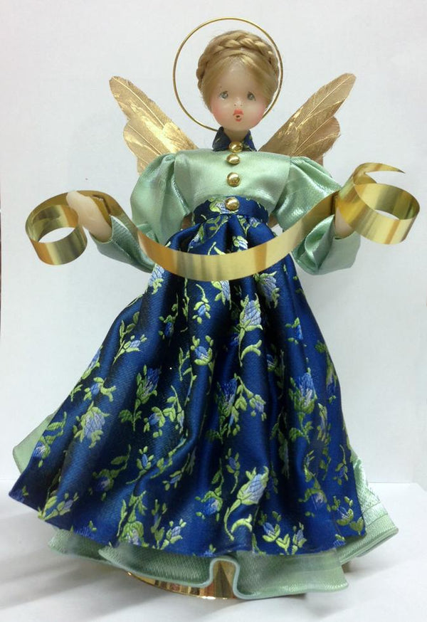 8 1/2" Light Blue with Dark Blue Brocade Apron Wax Angel by Margarete and Leonore Leidel