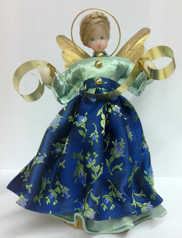 6" Lt Blue with Dark Blue Brocade Apron Wax Angel by Margarete and Leonore Leidel