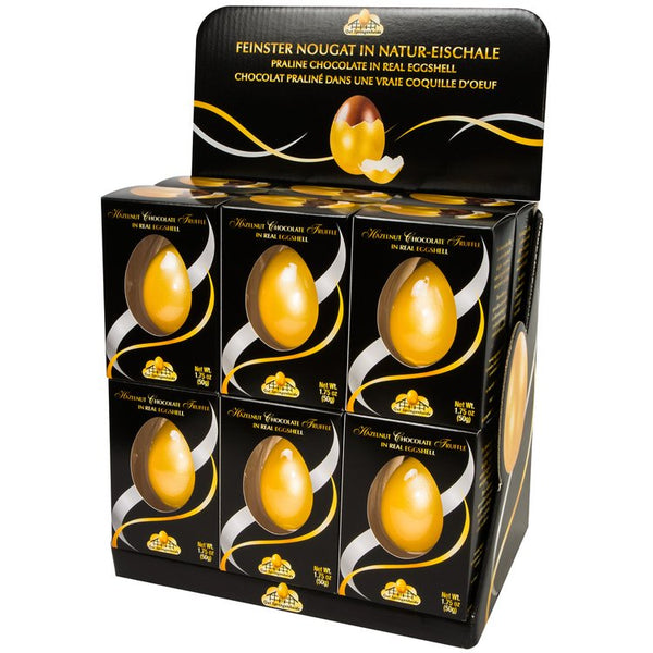 Real Eggshell Eggs from Germany Filled with the finest Praline Chocolate Truffle, Painted Gold in a Black Box