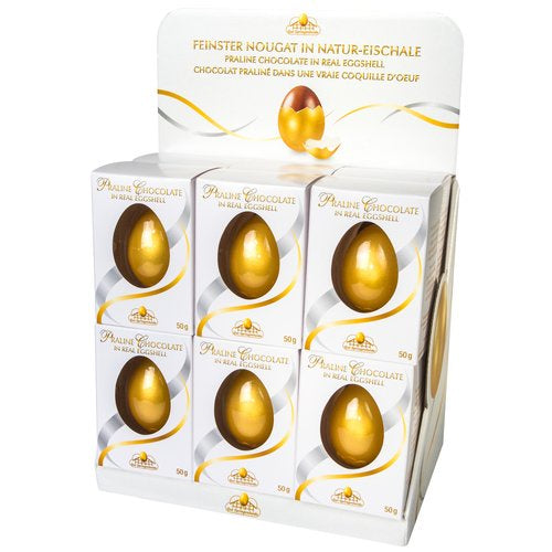 Real Eggshell Eggs from Germany Filled with the finest Praline Chocolate Truffle, Painted Gold in a White Box